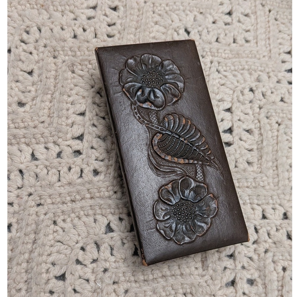 Vintage Hand Tooled Leather Floral Ink Blotter Brown Suede Back Boho Western
